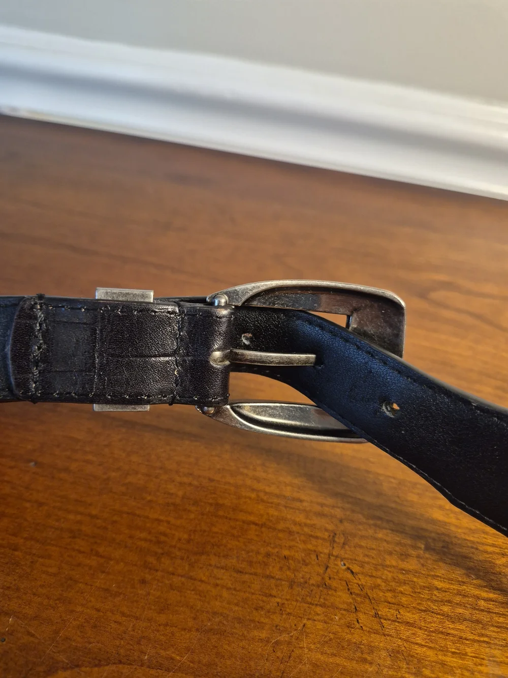 Men's Black BBLPT-CROC.  Leather Belt with  Brushed Silver Buckle